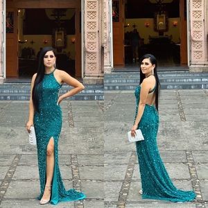 Fully Beaded Teal Backless Gown